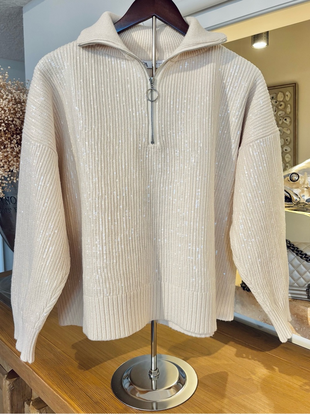 ZARA Ivory M Sequin Half Zip Sweater Quiet Luxury Old Money White Fall Trend Y2K